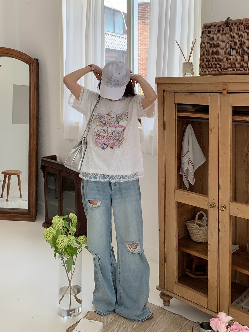 ROU.TINE韓國直郵㊣東大門實拍女裝新品25春夏休閑T恤蕾絲ROU.TINET恤