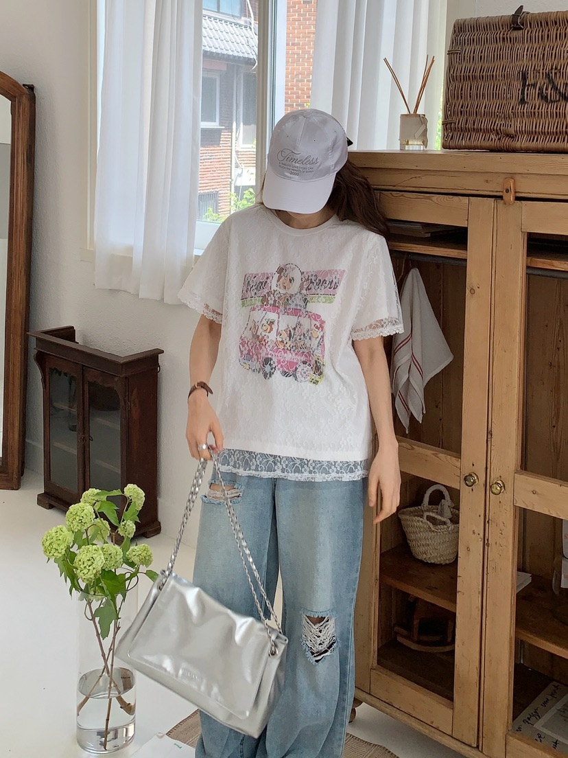 ROU.TINE韓國直郵㊣東大門實拍女裝新品25春夏休閑T恤蕾絲ROU.TINET恤