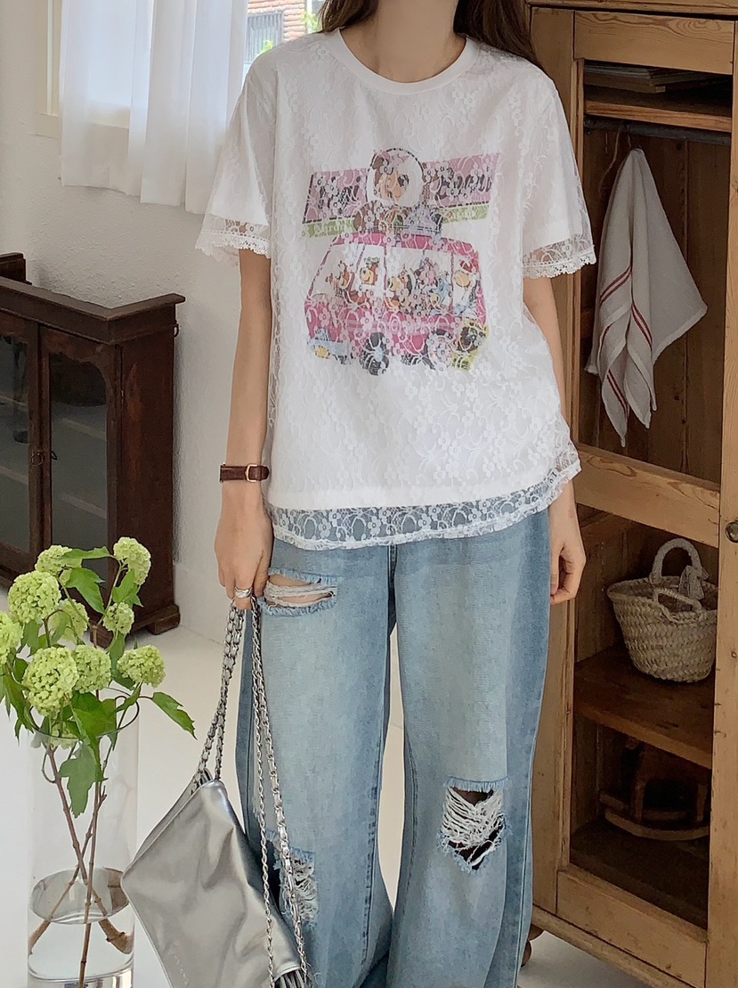 ROU.TINE韓國直郵㊣東大門實拍女裝新品25春夏休閑T恤蕾絲ROU.TINET恤