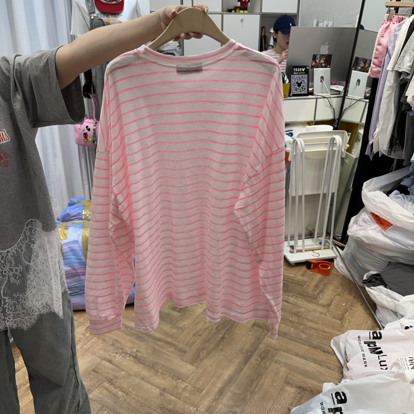 DE LINE韓國㊣直郵東大門代購女裝新品休閑推薦長袖T恤亞麻DE LINE長袖T恤