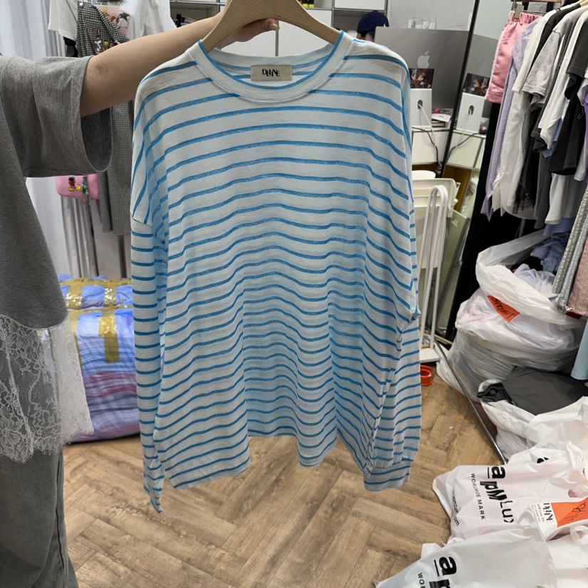 DE LINE韓國㊣直郵東大門代購女裝新品休閑推薦長袖T恤亞麻DE LINE長袖T恤圖色3