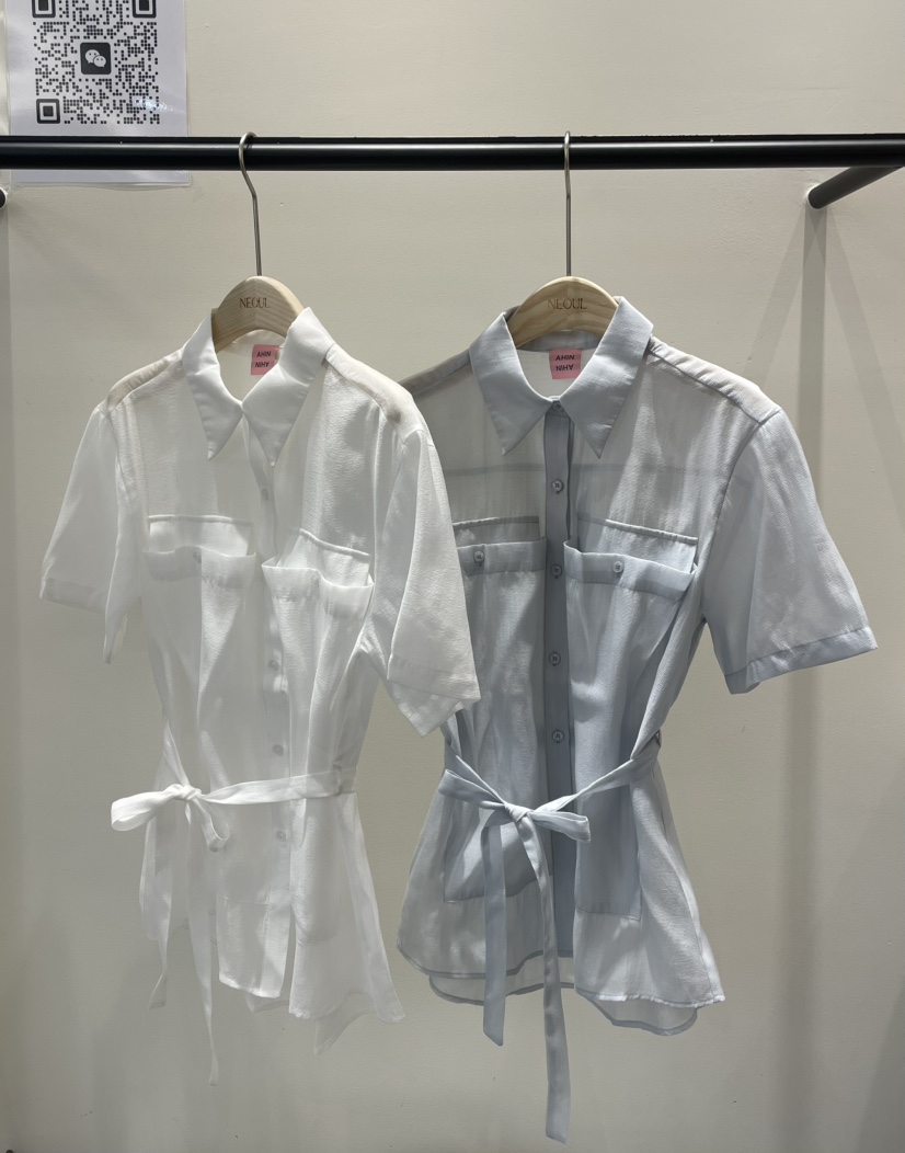 NEOUL直郵韓國代購㊣女裝新品時尚熱賣25春夏襯衫蕾絲衫含腰繩NEOUL/ahin雙領標簽襯衫/蕾絲衫