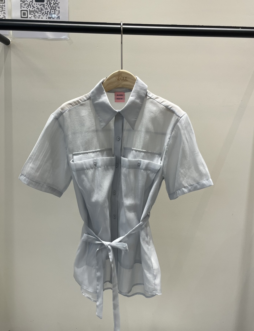 NEOUL直郵韓國代購㊣女裝新品時尚熱賣25春夏襯衫蕾絲衫含腰繩NEOUL/ahin雙領標簽襯衫/蕾絲衫