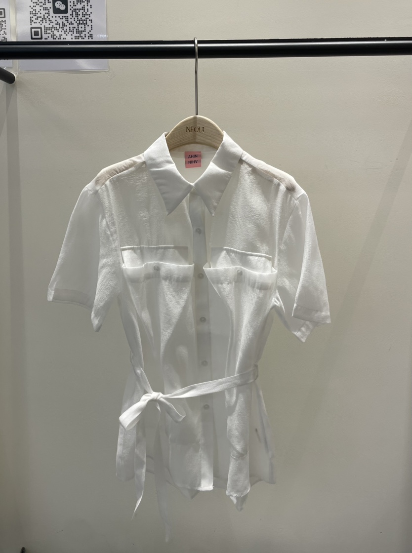 NEOUL直郵韓國代購㊣女裝新品時尚熱賣25春夏襯衫蕾絲衫含腰繩NEOUL/ahin雙領標簽襯衫/蕾絲衫圖色2