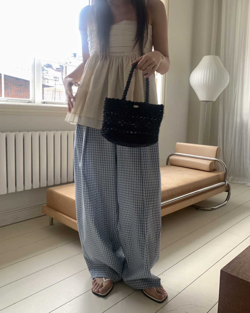 PEBBLE韓國直郵㊣東大門實拍女裝新款25春夏熱賣休閑褲格子PEBBLE/LAYER休閑褲