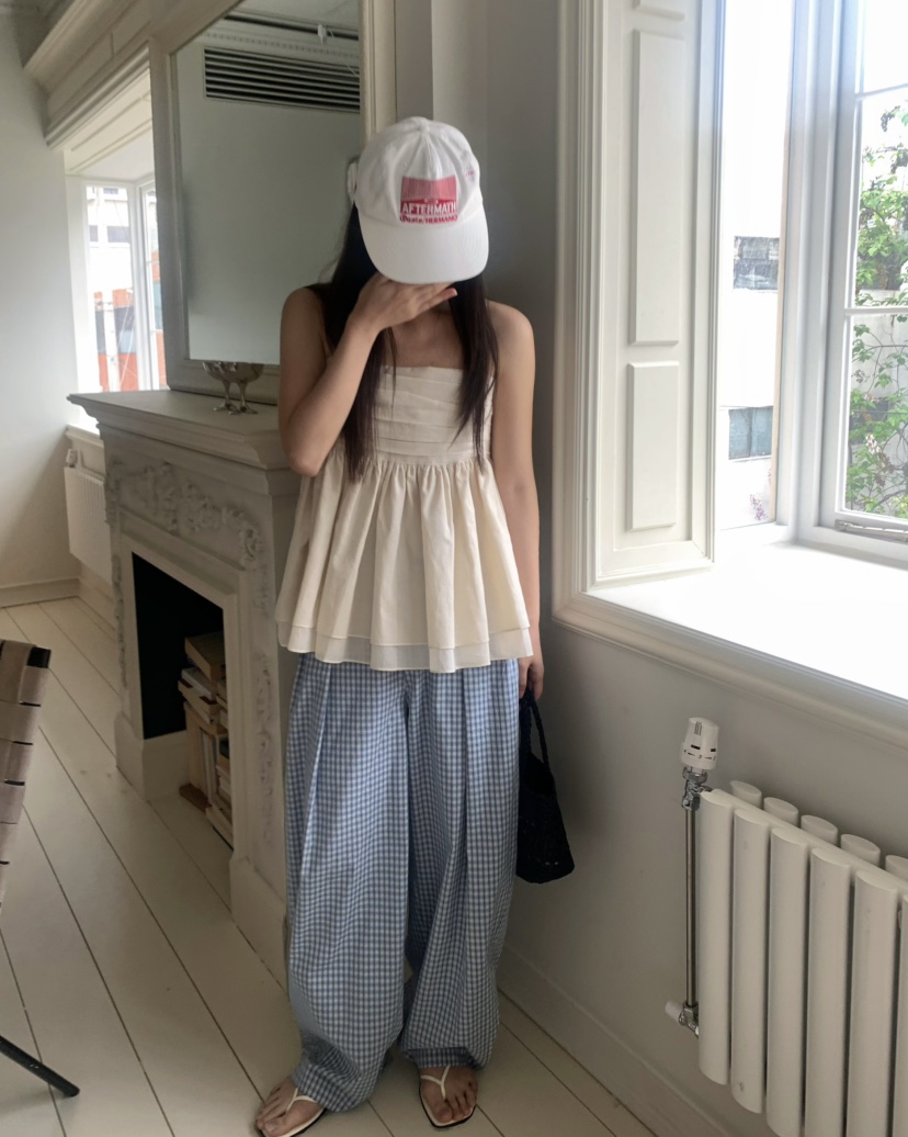 PEBBLE韓國直郵㊣東大門實拍女裝新款25春夏熱賣休閑褲格子PEBBLE/LAYER休閑褲
