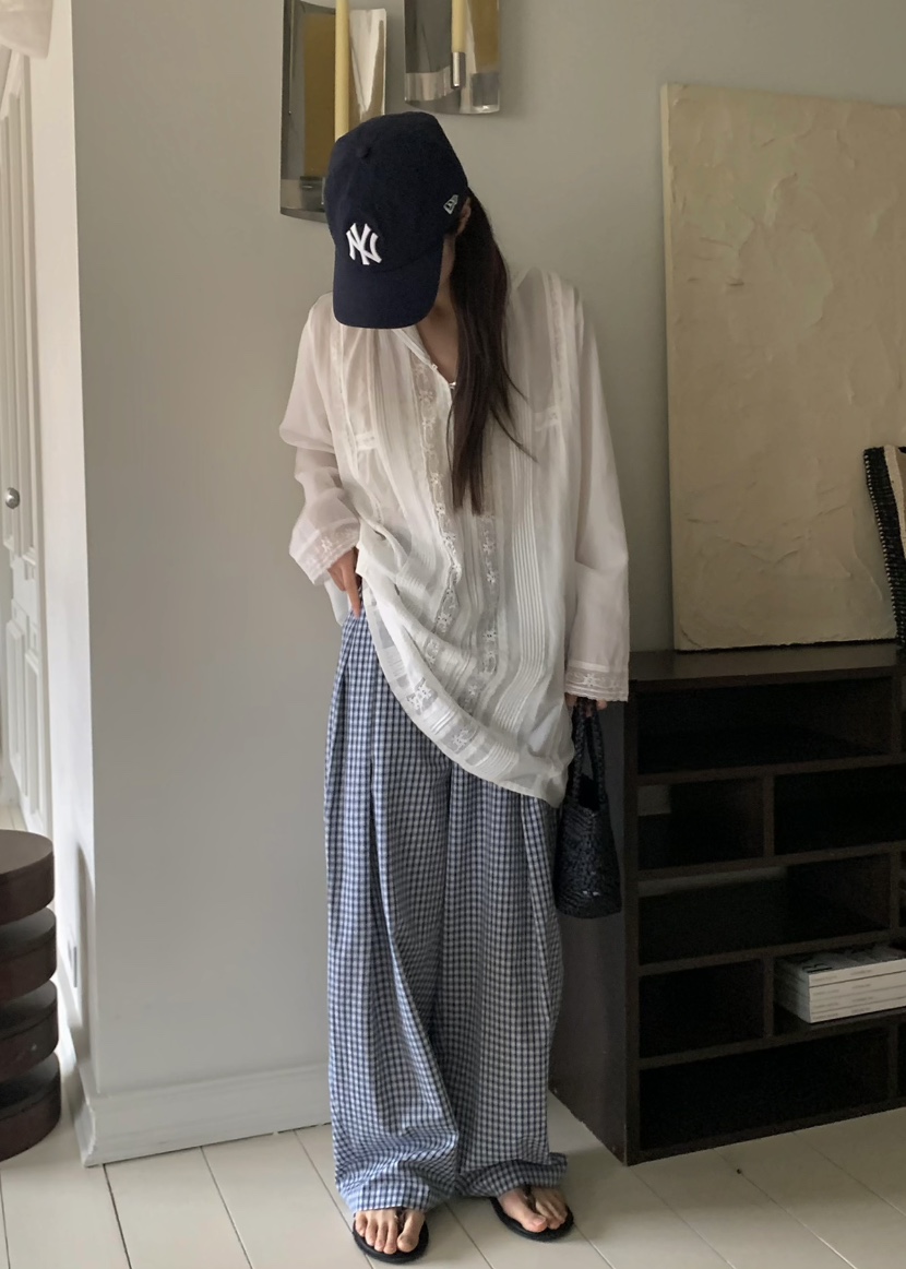 PEBBLE韓國直郵㊣東大門實拍女裝新款25春夏熱賣休閑褲格子PEBBLE/LAYER休閑褲