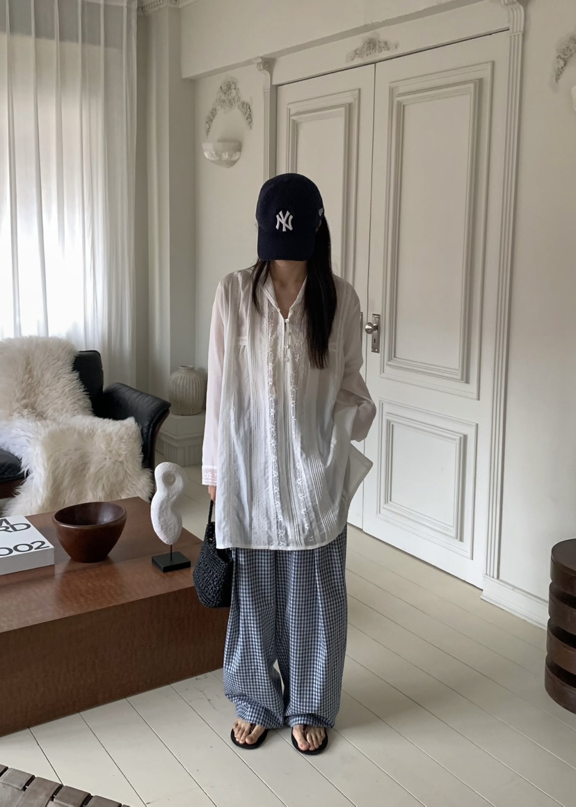 PEBBLE韓國直郵㊣東大門實拍女裝新款25春夏熱賣休閑褲格子PEBBLE/LAYER休閑褲