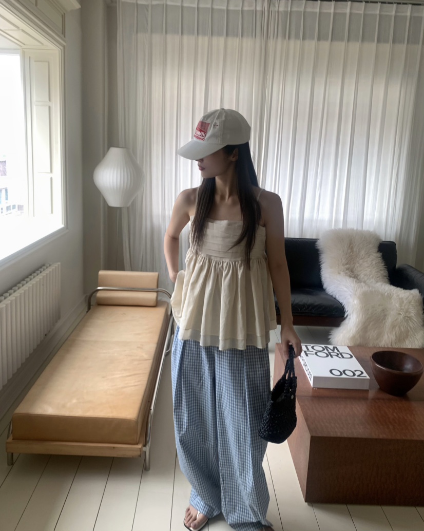 PEBBLE韓國直郵㊣東大門實拍女裝新款25春夏熱賣休閑褲格子PEBBLE/LAYER休閑褲