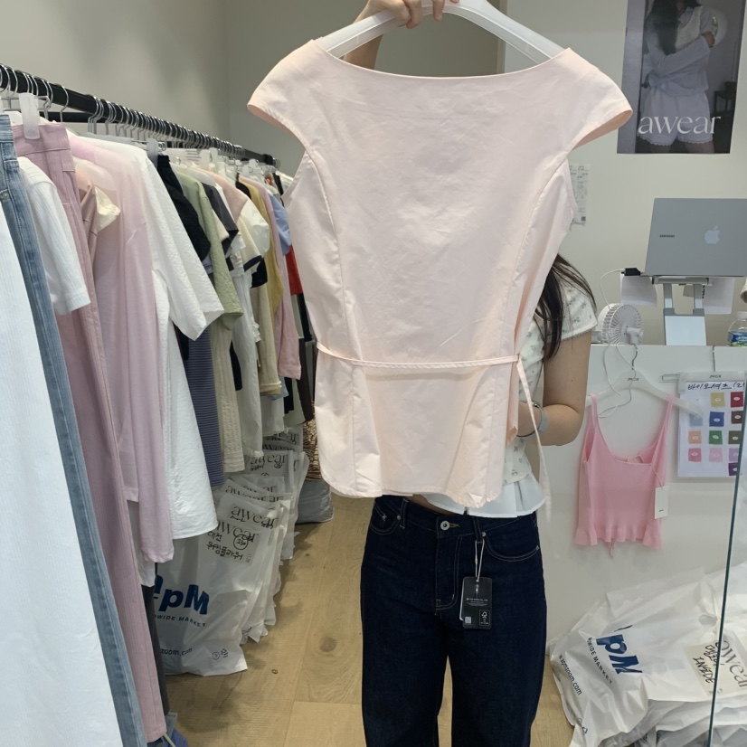 RUMIRU/AWEAR韓國直郵㊣女裝新款25春夏休閑襯衫蕾絲衫含腰繩awear/RUMIRU襯衫/蕾絲衫