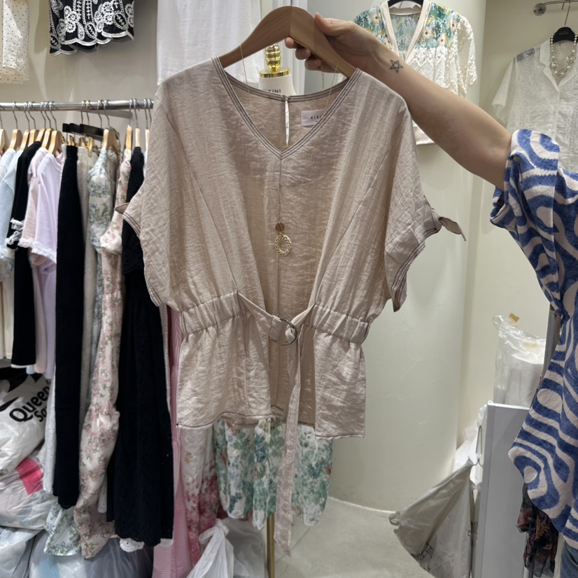 BIKINI直郵韓國代購㊣女裝新品熱賣推薦襯衫蕾絲衫腰帶亞麻BIKINI襯衫/蕾絲衫圖色1