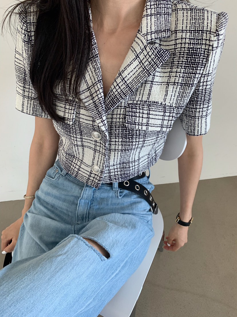 VERANDA韓國直郵㊣女裝新品推薦熱賣25春夏夾克花呢格紋亞麻VERANDA夾克
