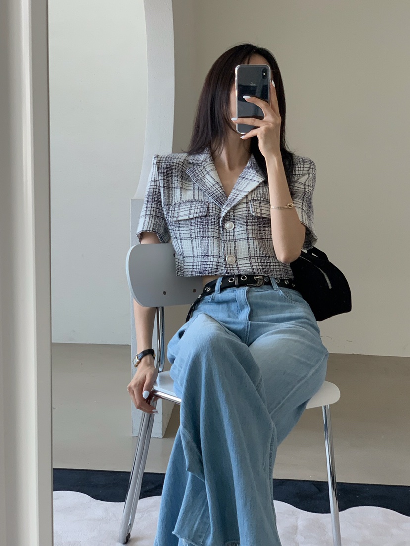 VERANDA韓國直郵㊣女裝新品推薦熱賣25春夏夾克花呢格紋亞麻VERANDA夾克
