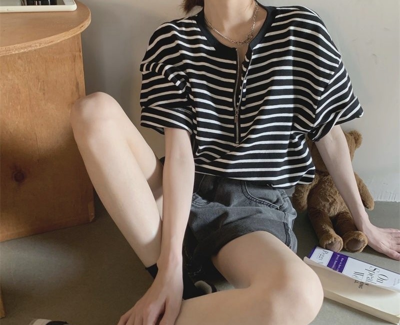 JMIND韓國㊣直郵東大門代購女裝新品推薦時尚人氣T恤拉鏈條紋JMINDT恤