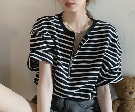 JMIND韓國㊣直郵東大門代購女裝新品推薦時尚人氣T恤拉鏈條紋JMINDT恤