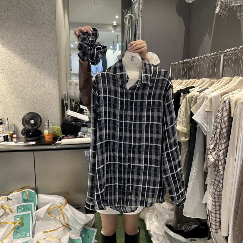 AMOEBA直郵韓國代購㊣女裝新品休閑熱賣襯衫蕾絲衫含頭飾格紋AMOEBA襯衫/蕾絲衫圖色2