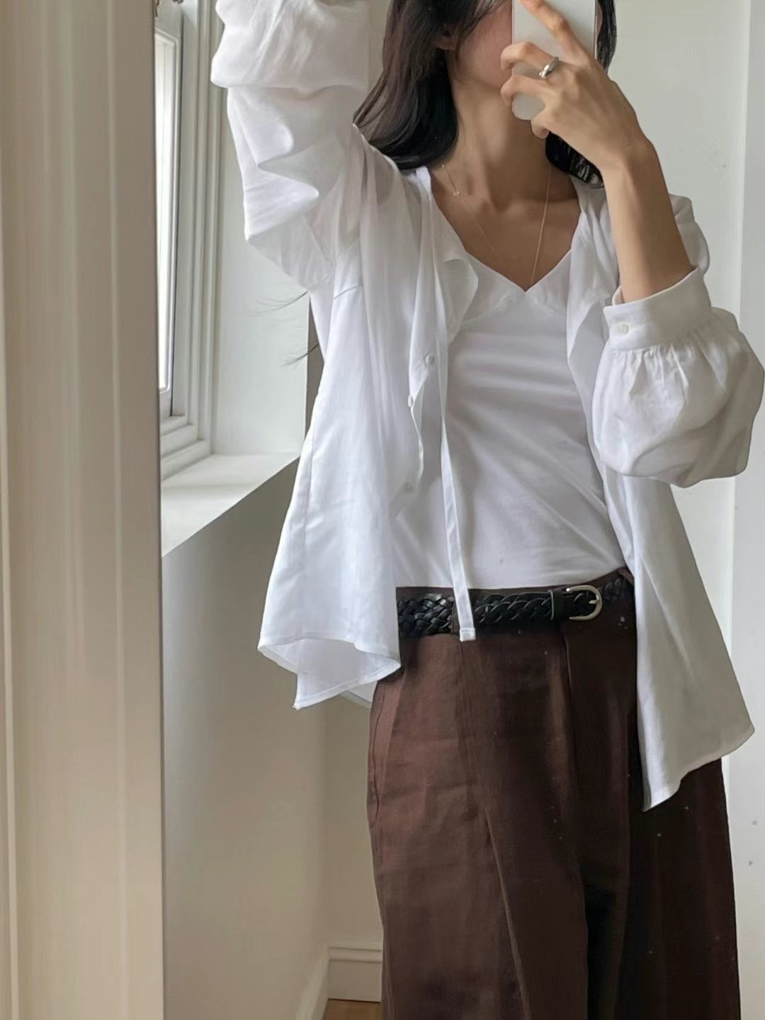 SOMETHINGELSE直郵韓國代購㊣女裝新品時尚襯衫蕾絲衫亞麻紐扣SOMETHINGELSE襯衫/蕾絲衫