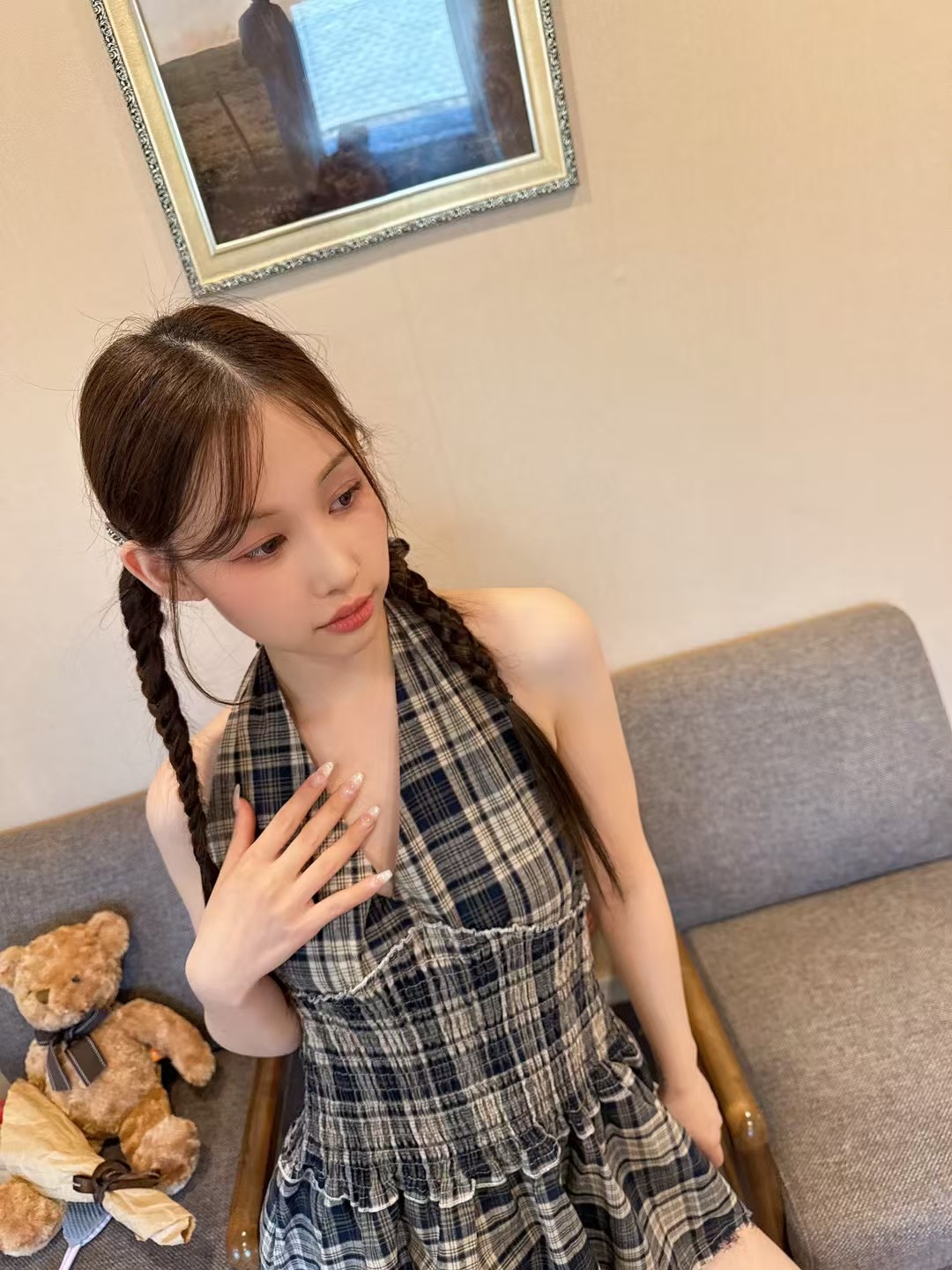 THEHANDS韓國直郵㊣東大門實拍女裝新款推薦休閑連衣裙格紋THEHANDS連衣裙