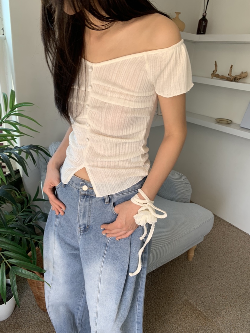 BADCALM直郵韓國代購㊣女裝新品休閑時尚熱賣T恤含脖帶褶皺BADCALMT恤