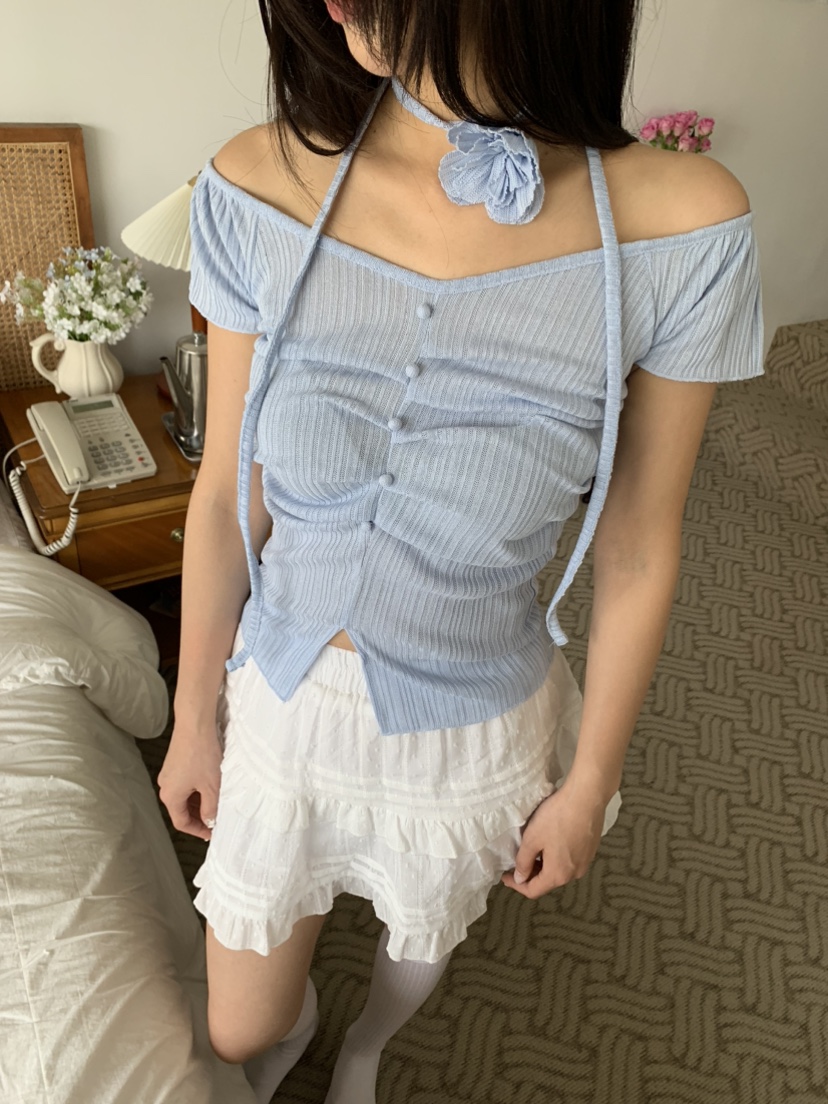 BADCALM直郵韓國代購㊣女裝新品休閑時尚熱賣T恤含脖帶褶皺BADCALMT恤