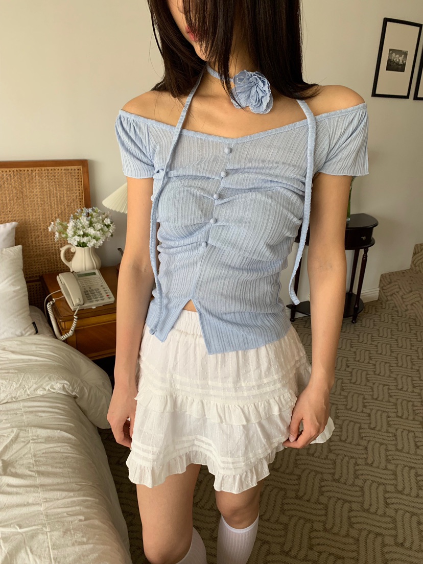BADCALM直郵韓國代購㊣女裝新品休閑時尚熱賣T恤含脖帶褶皺BADCALMT恤圖色1