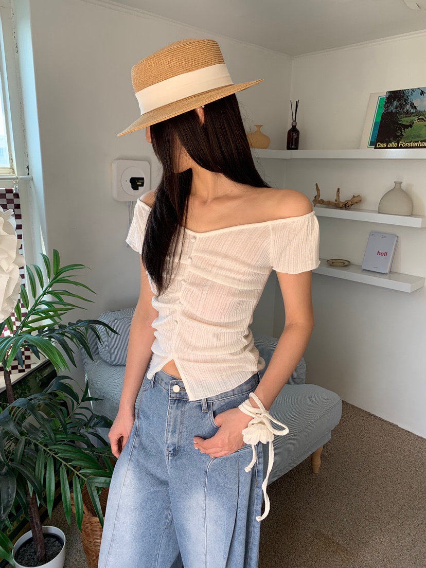BADCALM直郵韓國代購㊣女裝新品休閑時尚熱賣T恤含脖帶褶皺BADCALMT恤圖色2
