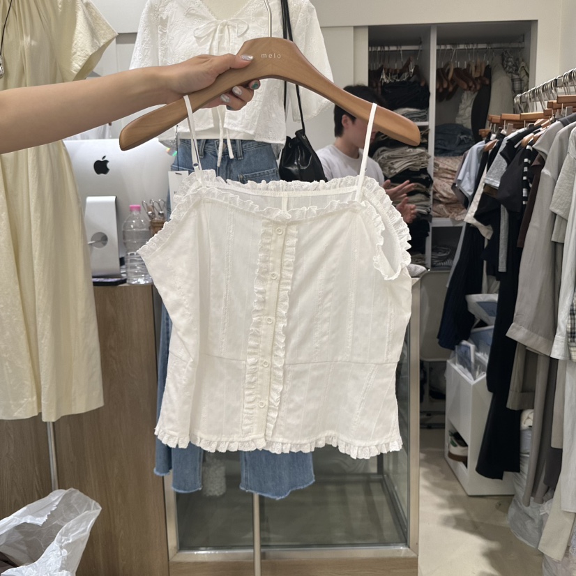MELO直郵韓國代購㊣女裝新品休閑熱賣推薦吊帶背心荷葉邊棉質MELO吊帶/背心