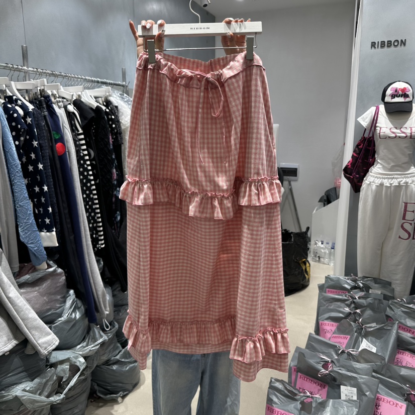 RIBBON東大門實拍女裝新款推薦真品25春夏人氣職業長裙格紋RIBBON長裙
