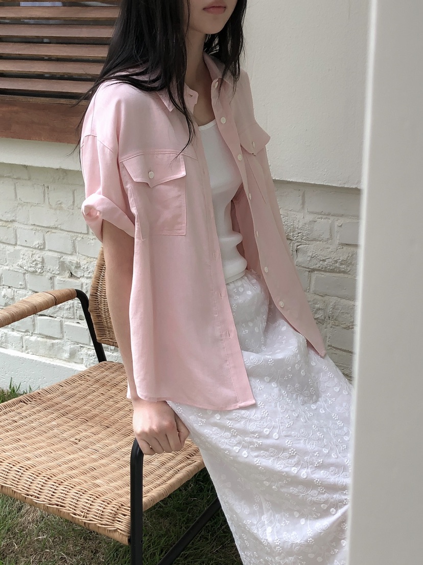 LONG PEAK韓國代購女裝新款職業休閑襯衫蕾絲衫亞麻布口袋LONG PEAK襯衫/蕾絲衫
