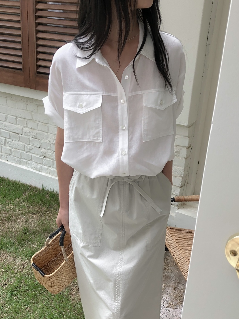 LONG PEAK韓國代購女裝新款職業休閑襯衫蕾絲衫亞麻布口袋LONG PEAK襯衫/蕾絲衫