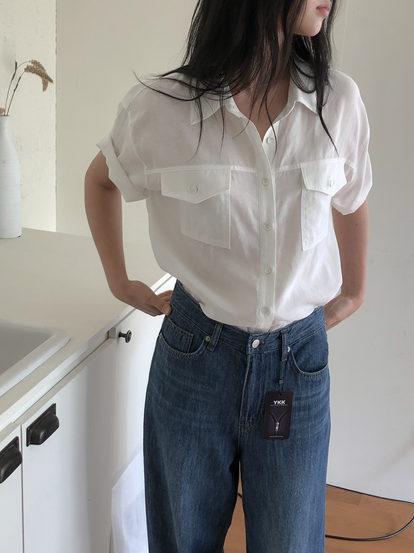 LONG PEAK韓國代購女裝新款職業休閑襯衫蕾絲衫亞麻布口袋LONG PEAK襯衫/蕾絲衫