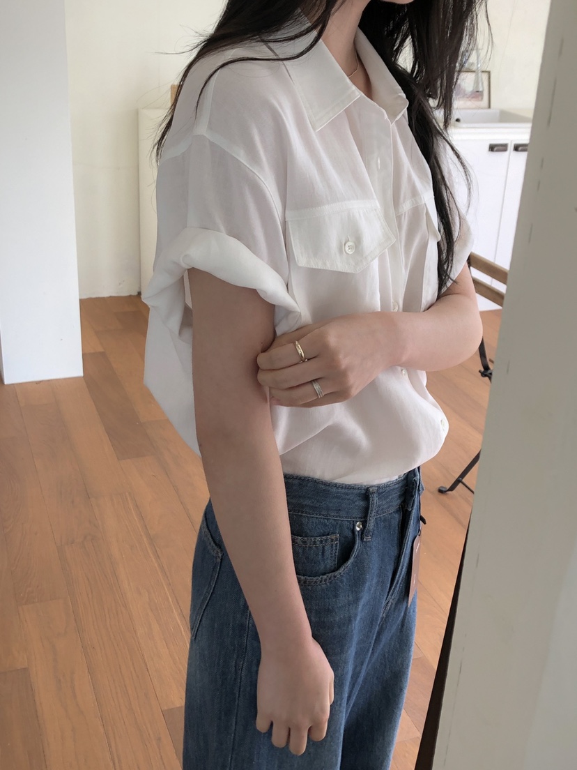 LONG PEAK韓國代購女裝新款職業休閑襯衫蕾絲衫亞麻布口袋LONG PEAK襯衫/蕾絲衫