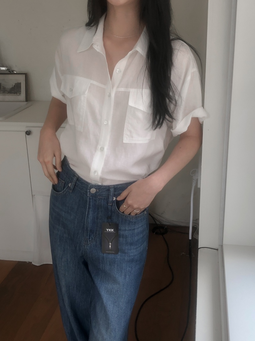 LONG PEAK韓國代購女裝新款職業休閑襯衫蕾絲衫亞麻布口袋LONG PEAK襯衫/蕾絲衫