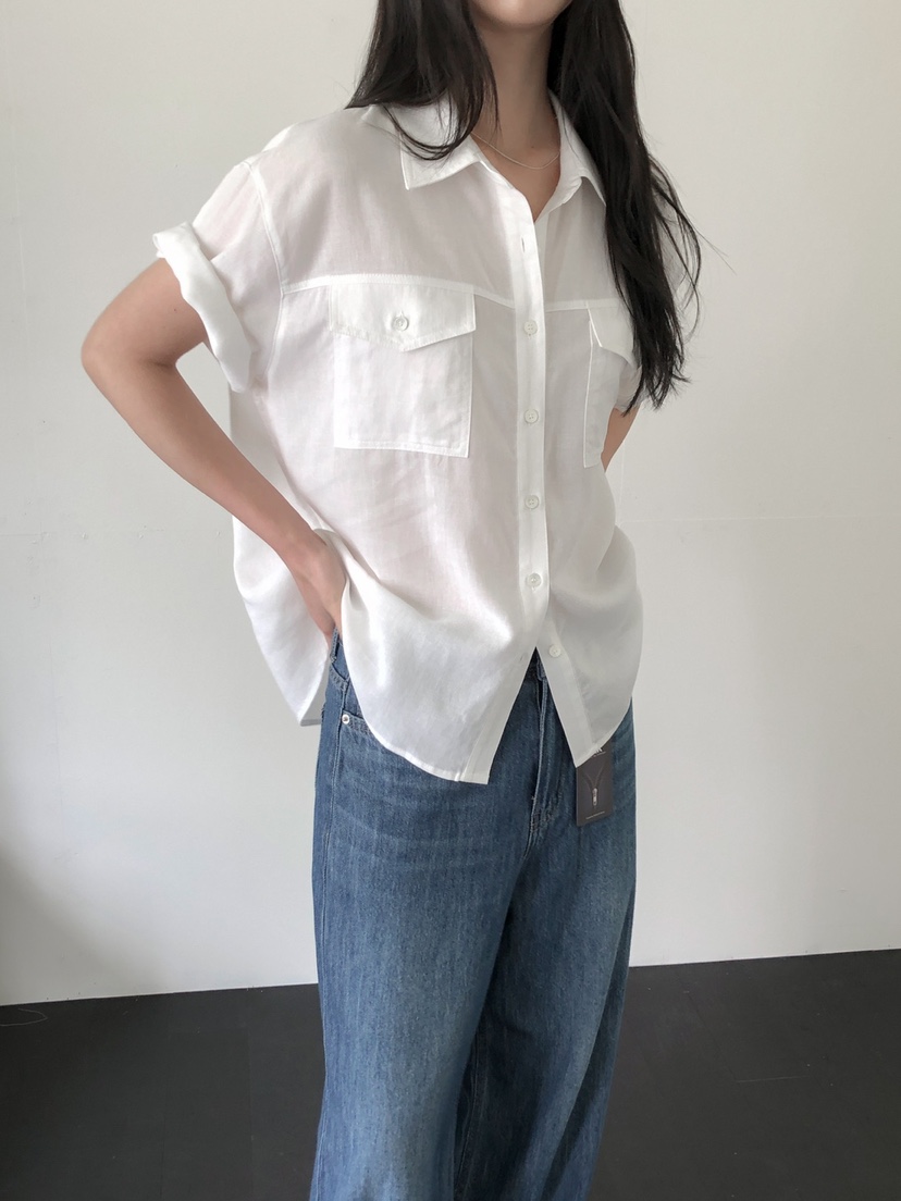 LONG PEAK韓國代購女裝新款職業休閑襯衫蕾絲衫亞麻布口袋LONG PEAK襯衫/蕾絲衫