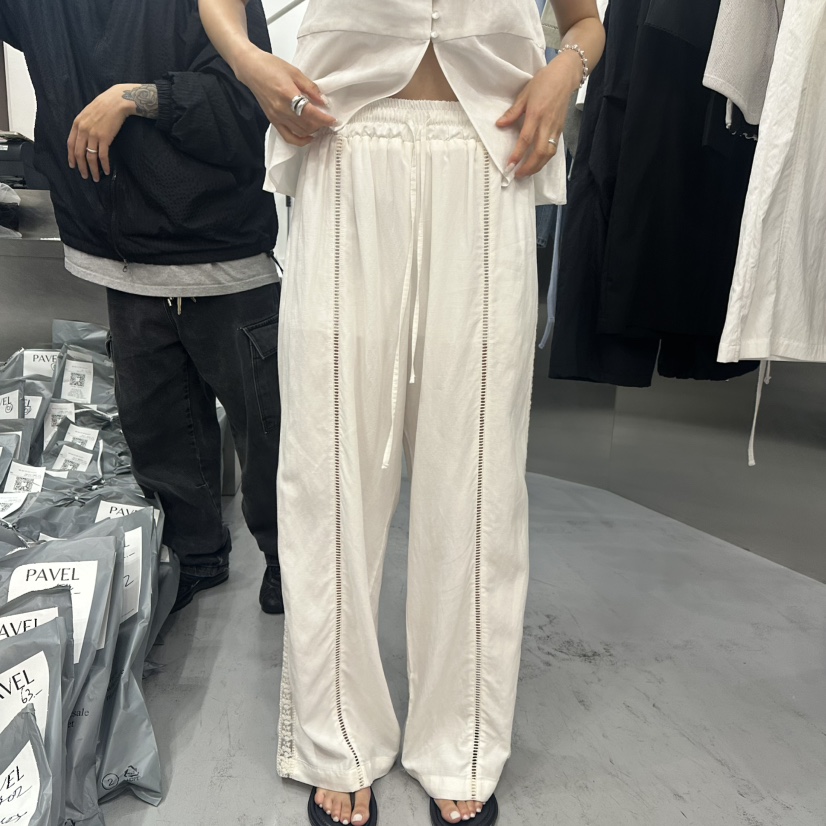 PAVEL韓國代購女士新品熱賣時尚職業25春夏人氣休閑褲透明蕾絲PAVEL休閑褲