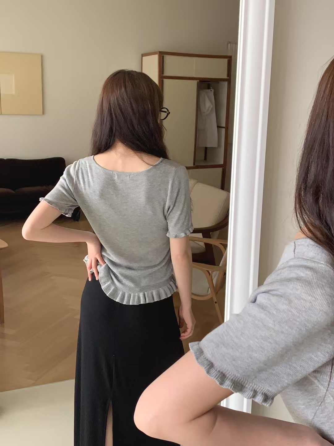 FLAMINGO東大門代購女士新品25春夏推薦真品職業T恤褶邊針織FLAMINGOT恤