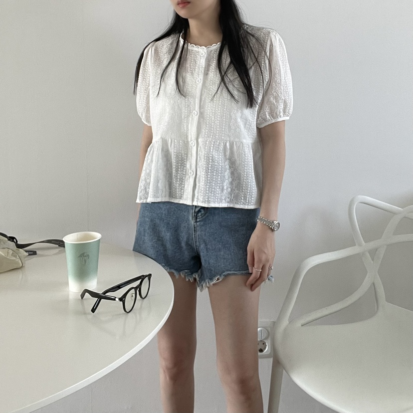 ALLVIBE韓國直郵女士新品職業25春夏休閑人氣襯衫蕾絲衫刺繡ALLVIBE襯衫/蕾絲衫