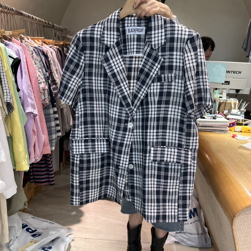 BLACKFRIDAY東大門㊣實拍女裝新款職業25春夏真品夾克格子亞麻BLACK FRIDAY夾克
