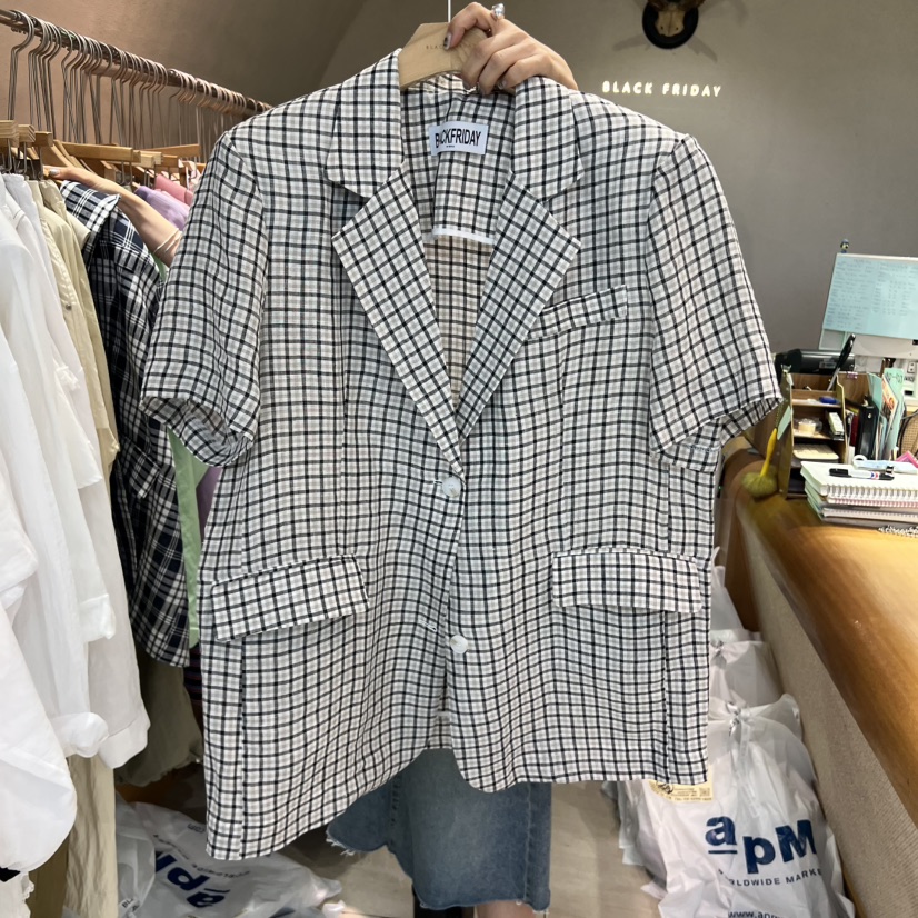 BLACKFRIDAY東大門㊣實拍女裝新款職業25春夏真品夾克格子亞麻BLACK FRIDAY夾克圖色2