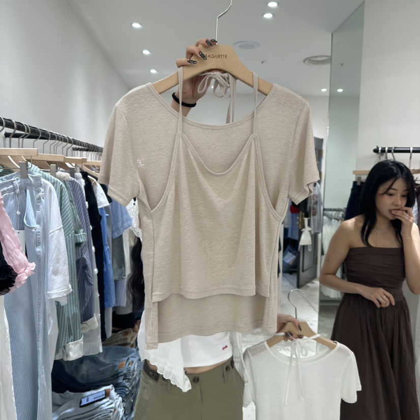 BAGUETTE韓國代購㊣女士新品職業時尚熱賣推薦T恤假兩件亞麻布BAGUETTET恤圖色3