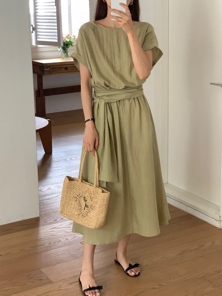 ROU.TINE東大門㊣代購女士新款時尚人氣真品連衣裙裹身裙亞麻ROU.TINE連衣裙