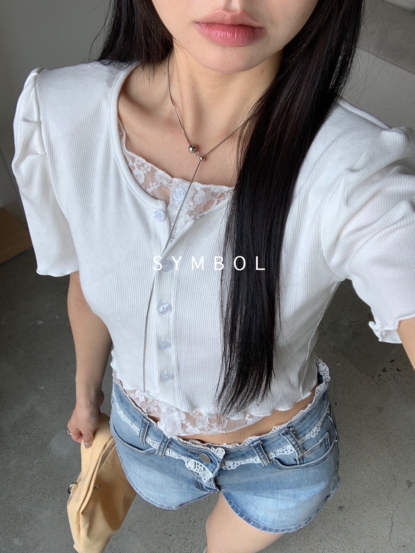 SYMBOL韓國直郵㊣女士新款熱賣時尚職業休閑T恤泡泡袖雙層開衫SYMBOLT恤