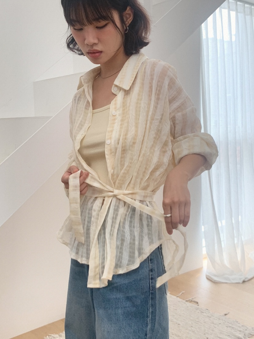 SLAT韓國直郵㊣女裝新款時尚職業推薦25春夏襯衫蕾絲衫含腰帶SLAT襯衫/蕾絲衫