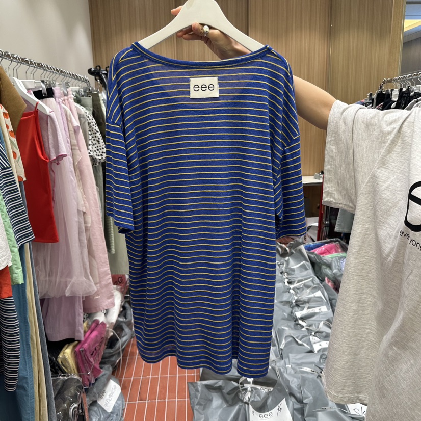 E/E/E韓國代購㊣女士新款熱賣時尚職業25春夏休閑T恤條紋E/E/ET恤