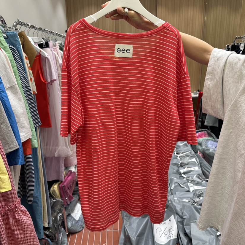 E/E/E韓國代購㊣女士新款熱賣時尚職業25春夏休閑T恤條紋E/E/ET恤
