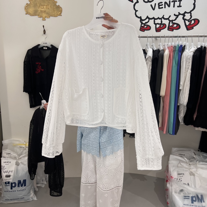 VENTI韓國直郵㊣女士新品熱賣時尚25春夏真品長袖T恤蕾絲開衫VENTI長袖T恤