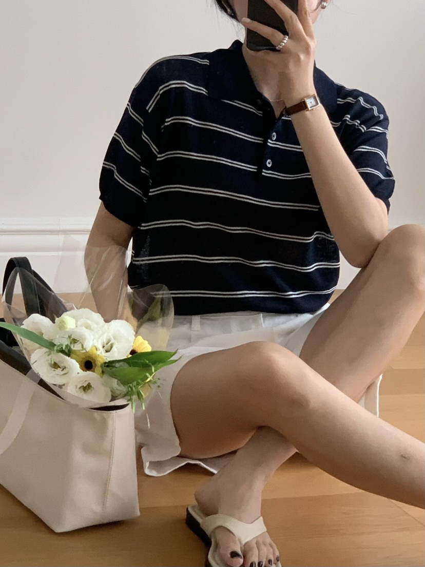 SORBET韓國代購㊣女士新款推薦時尚職業25春夏真品針織衫條紋SORBET/flat white針織衫