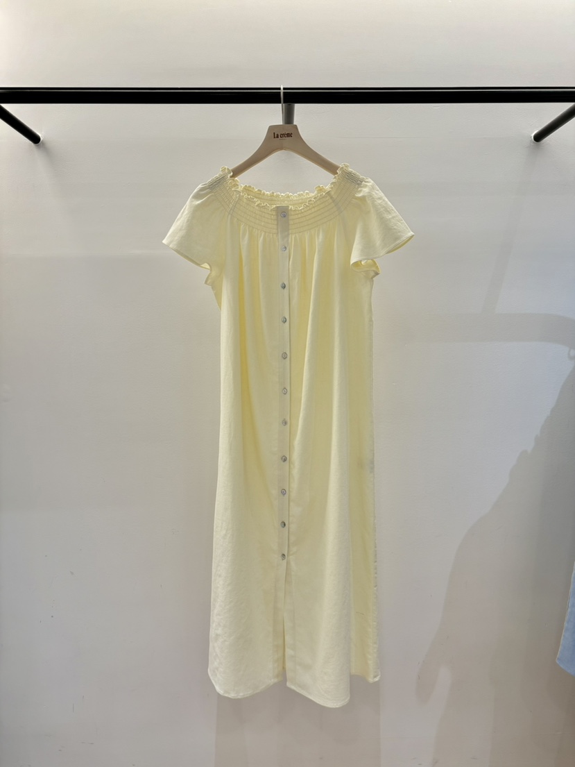 LA CREME東大門㊣代購女裝新品25春夏時尚真品連衣裙露肩亞麻LA CREME連衣裙