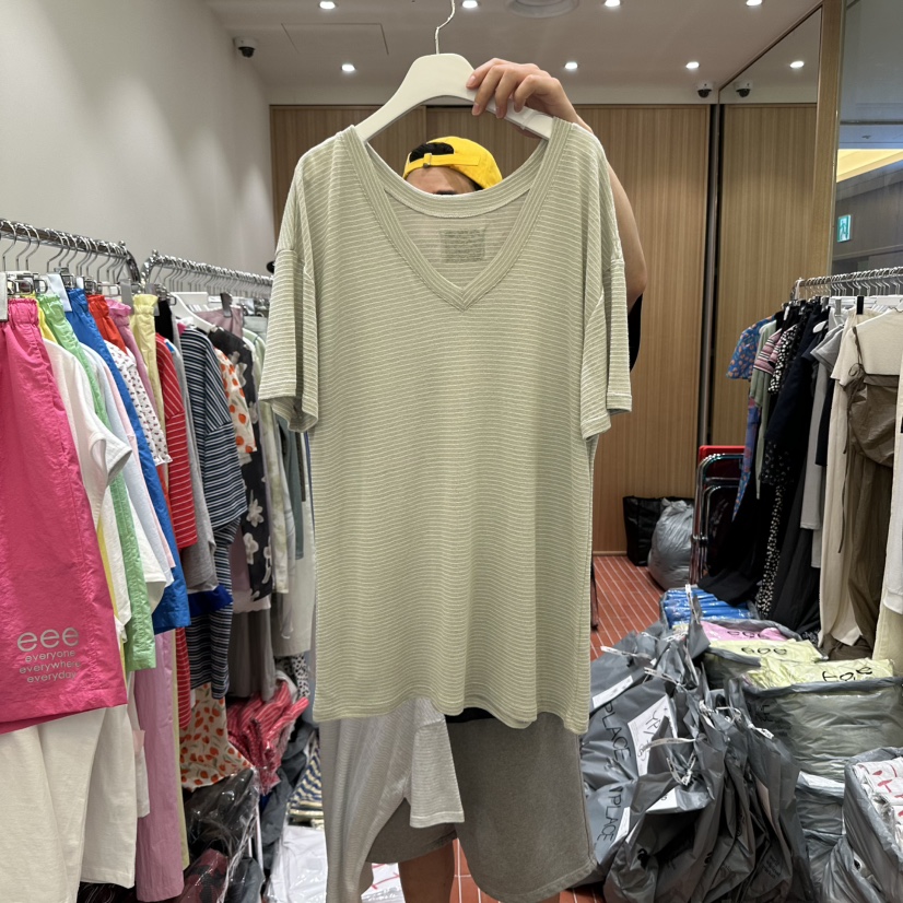 E/E/E東大門㊣直郵女士新款職業25春夏人氣時尚T恤亞麻條紋E/E/ET恤圖色2