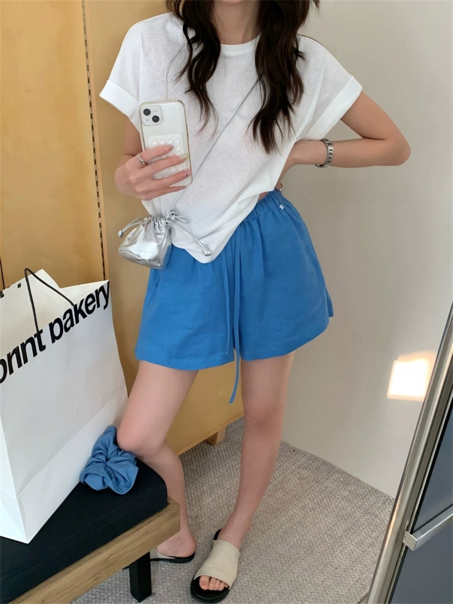 STRAWBERRY韓國代購㊣女裝新款真品休閑職業時尚熱賣短褲亞麻STRAWBERRY短褲